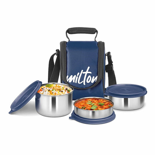 Milton Steel Softline a lunch box set with three stainless steel containers stainless steel, easy to carry, light weight, odour proof, leak proof lunch box