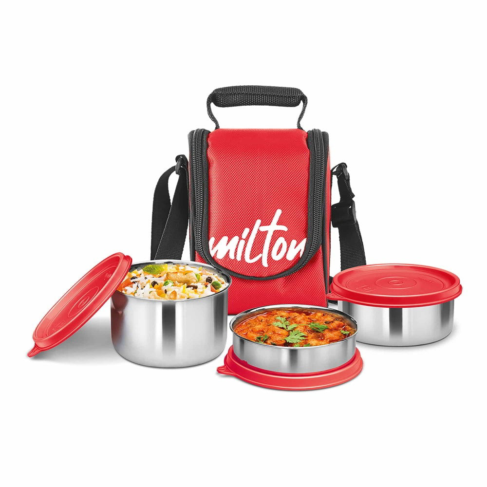 Milton Steel Softline a lunch box set with three stainless steel containers stainless steel, easy to carry, light weight, odour proof, leak proof lunch box