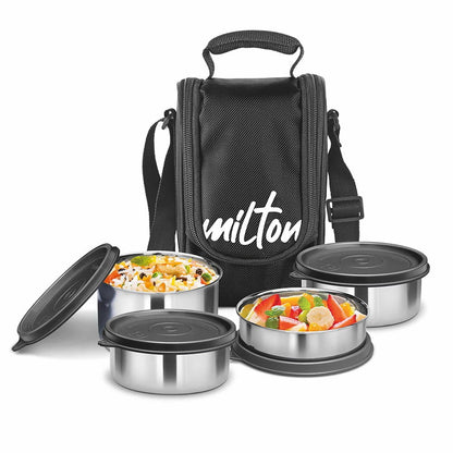 Milton Steel Softline a lunch box set with three stainless steel containers stainless steel, easy to carry, light weight, odour proof, leak proof lunch box