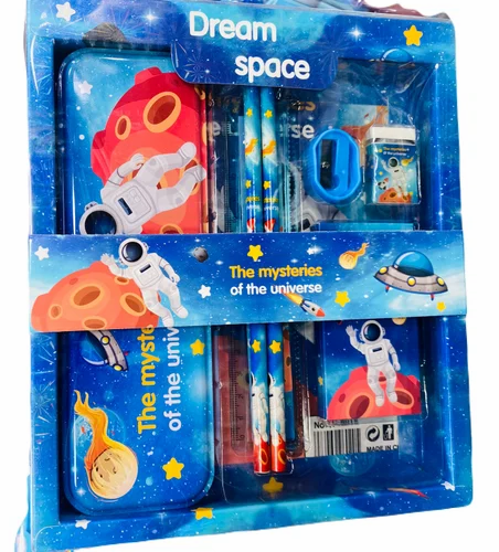 Dream space cartoon character themed Stationery kit set for kids Metal box,Pencils,Sharpener,Eraser,Scale, Crayon Birthday Return Gifts