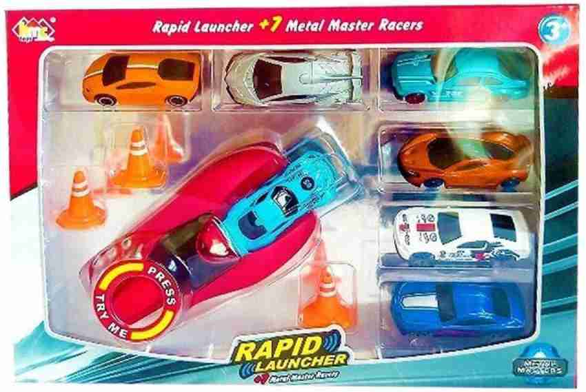 Launcher Play Set Toy with 7 Die Cast Metal Stunt Car and Master Racers Racing Sports Rapid Launcher with 3 Stoppers Best Toy Gift for Kids