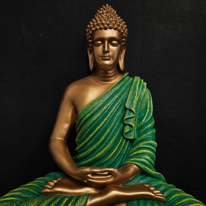 Green Polyresin Handcrafted Blessing Lord Buddha Idol with gold and green combination colours Decorative Showpiece