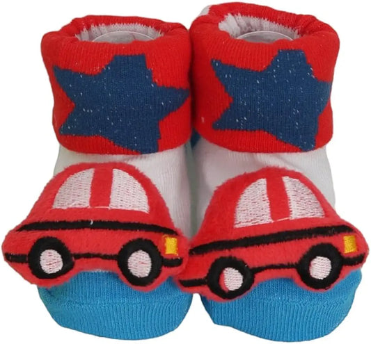 Car Stuffed Toy Anti skid Socks for Boys with Red and Blue combination colours for 6 to 9 Months babies