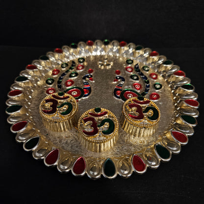 Decorative Pooja Thali Platter Beautiful Peacock Design Thali with Dabbi for Rakhi Celebration, Home Puja Mandir Accessory