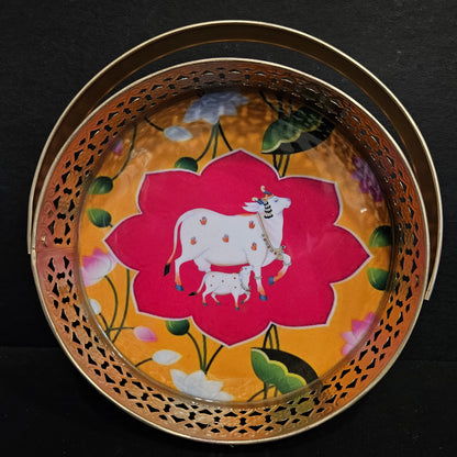 Round Metal Tray with handle Pichwai Art of Nandi Cow Pichwai Tray Best for Home Decor, Wedding Gift, Diwali Gift and Multiuse High Glossy Raisen Work