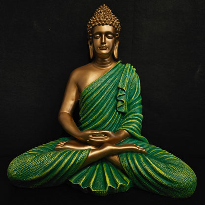 Green Polyresin Handcrafted Blessing Lord Buddha Idol with gold and green combination colours Decorative Showpiece