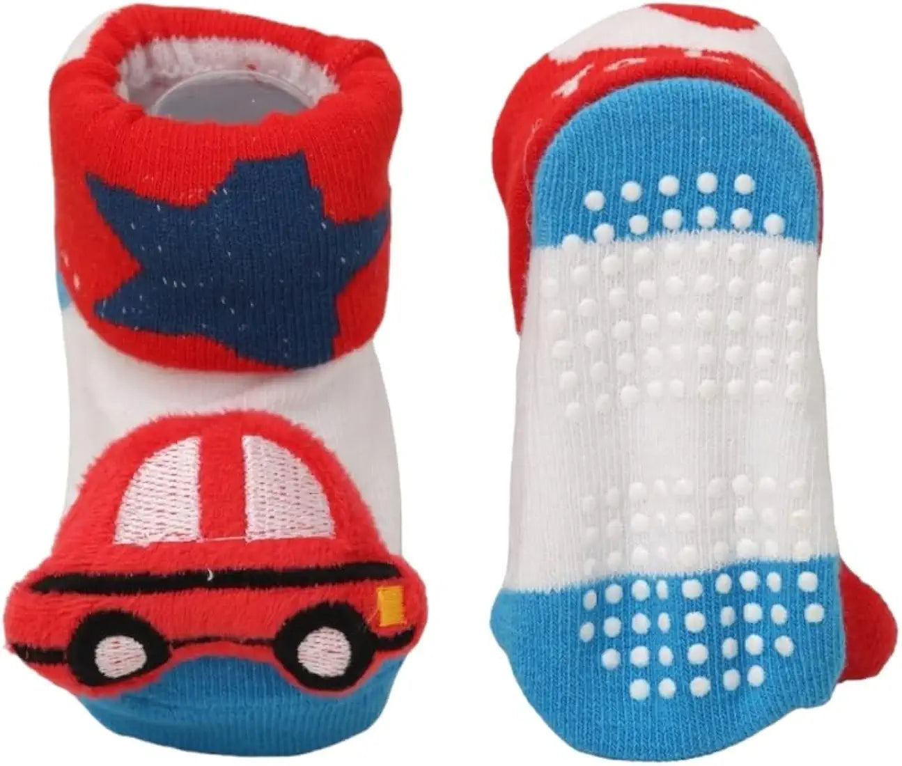 Car Stuffed Toy Anti skid Socks for Boys with Red and Blue combination colours for 6 to 9 Months babies