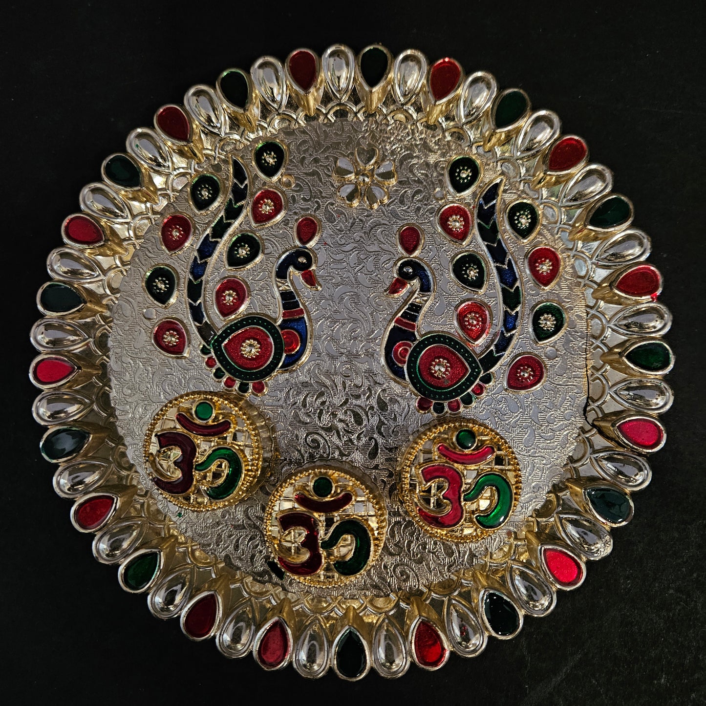 Decorative Pooja Thali Platter Beautiful Peacock Design Thali with Dabbi for Rakhi Celebration, Home Puja Mandir Accessory