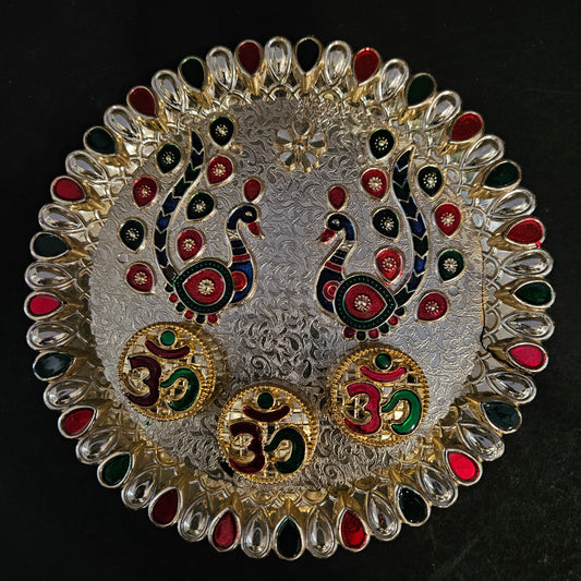 Decorative Pooja Thali Platter Beautiful Peacock Design Thali with Dabbi for Rakhi Celebration, Home Puja Mandir Accessory