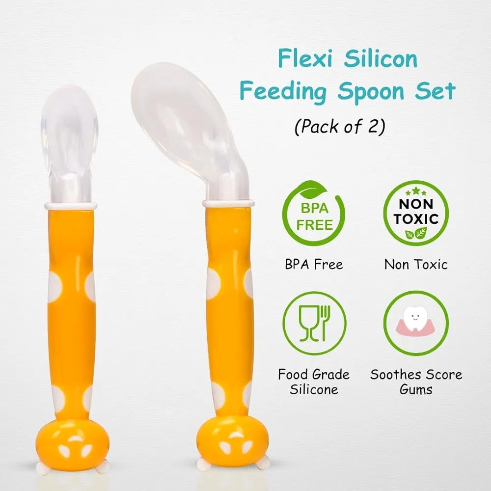 2 Silicone Feeding Spoon Set Curved Spoon, Double Sided Toddlers Training Spoon for Self Feeding Training Food Grade Silicone Feeding Spoon