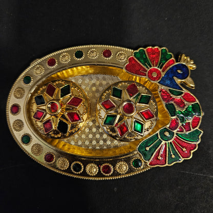 Peacock decorative Ovel Shaped kum kum thali plate with stones for Pooja,haldi and Return Gifts