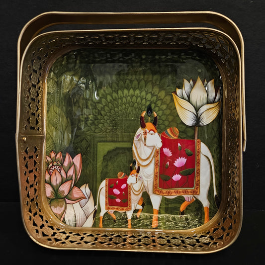 Pichwai Tray for Return Gifts Metal Tray Home Decor Items Traditional Tray for Diwali Elegant Gift Trays for Wedding