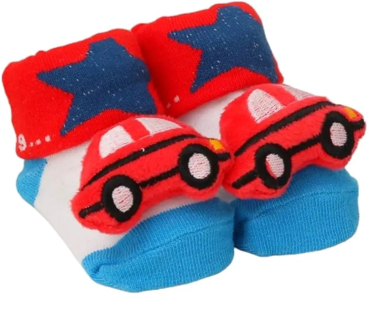 Car Stuffed Toy Anti skid Socks for Boys with Red and Blue combination colours for 6 to 9 Months babies