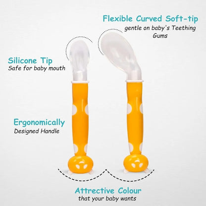 2 Silicone Feeding Spoon Set Curved Spoon, Double Sided Toddlers Training Spoon for Self Feeding Training Food Grade Silicone Feeding Spoon